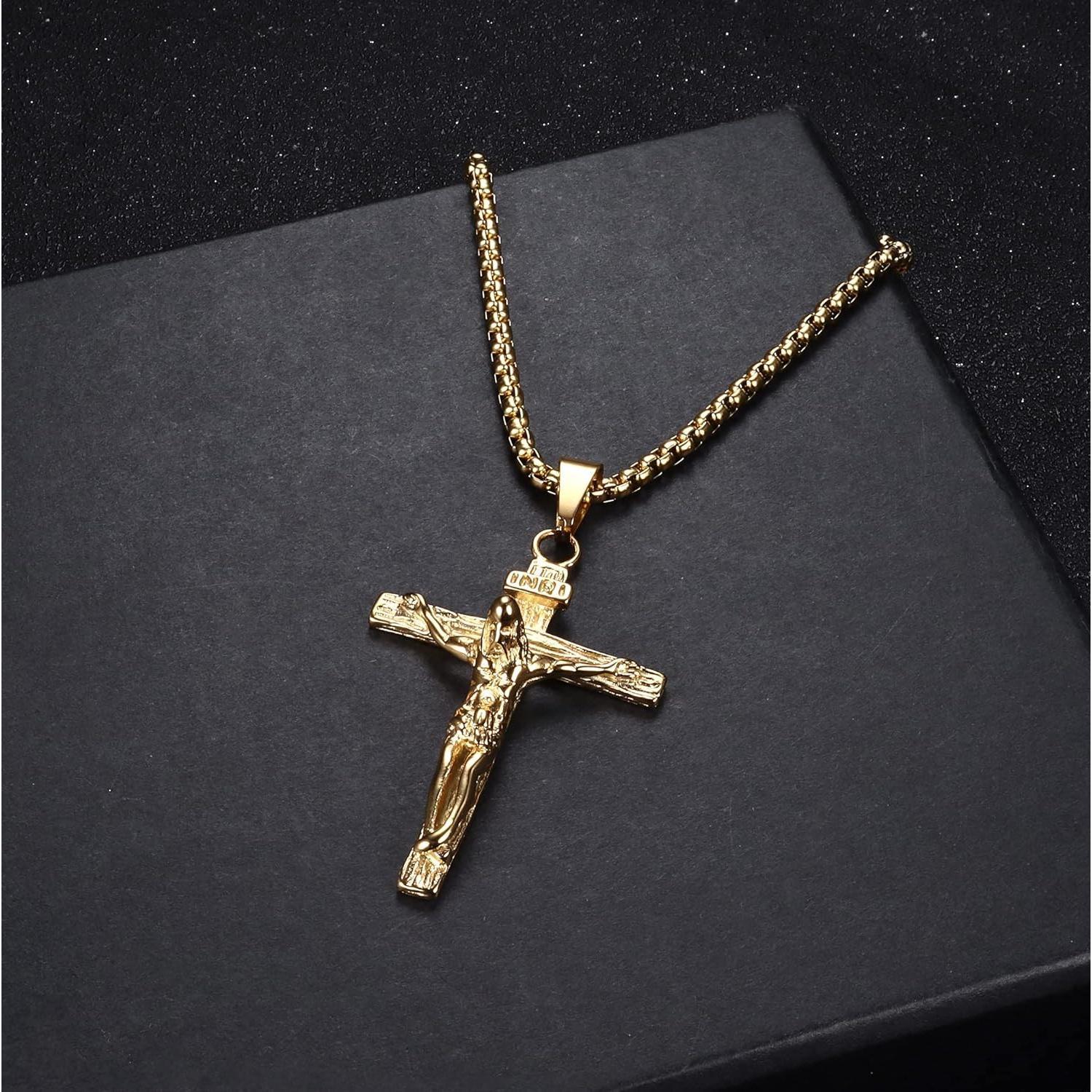 FINREZIO Stainless Steel Jesus Cross Pendant Necklace for Men's Venice Chain 61cm Silver/Gold/Black Religious Jewelry Accessories Gift FINREZIO Stainless Steel Jesus Cross Pendant Necklace for Men's Venice Chain 61cm Silver/Gold/Black Religious Jewelry Accessories Gift