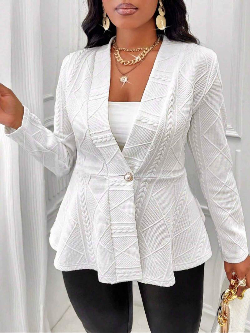 【Plus Size】 Solid Textured Button Front Blazer, Casual Fitted Long Sleeve Deep V Neck Outerwear for Work Office Business, Women's Clothes for All Seasons