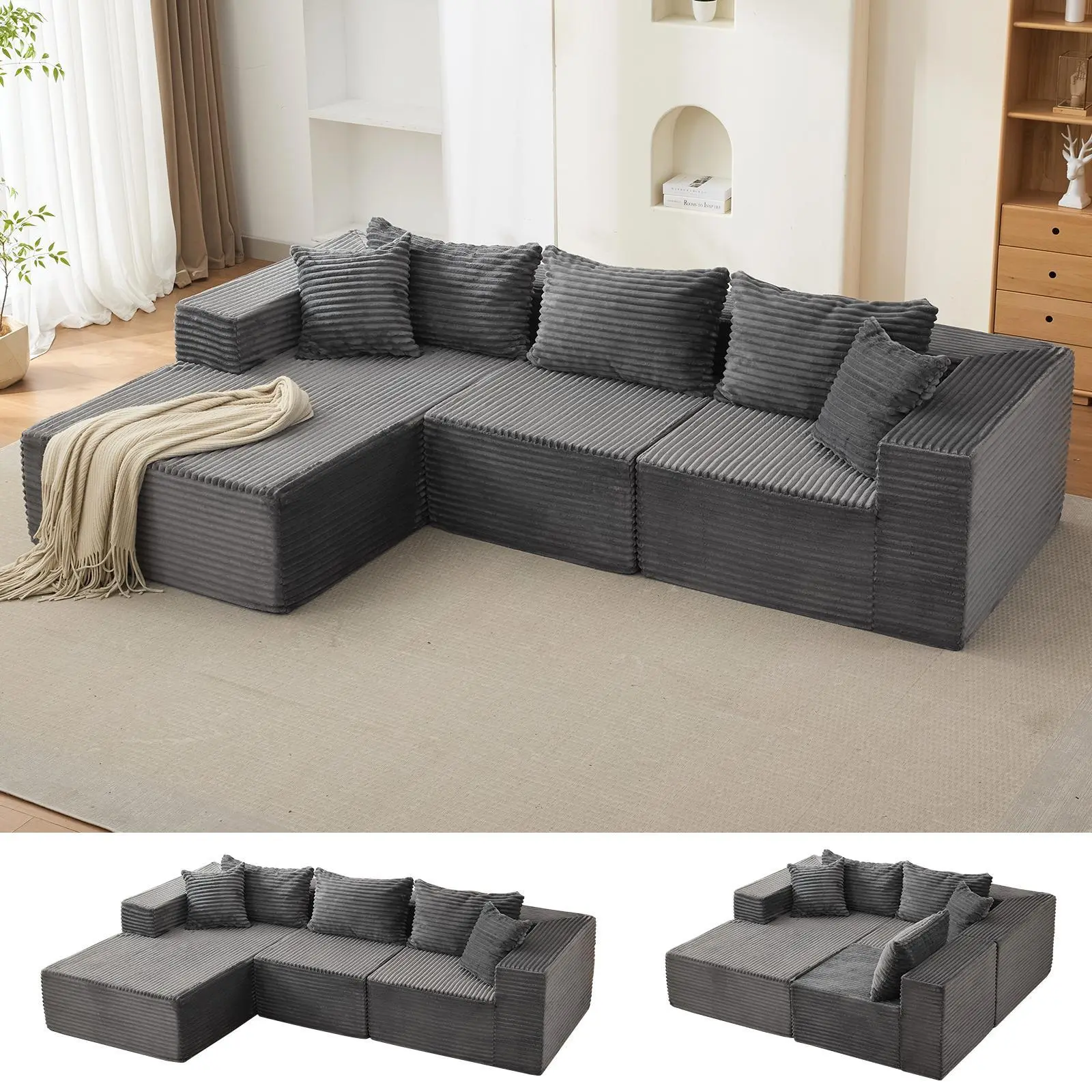 Oversized Modular Cloud Corduroy Couch - 106" L-Shaped Left Facing Chaise, Soft, Spacious, Durable, No Assembly Modern Indoor Living Room Furniture for Relaxation, Entertaining Guests, Family Gatherings