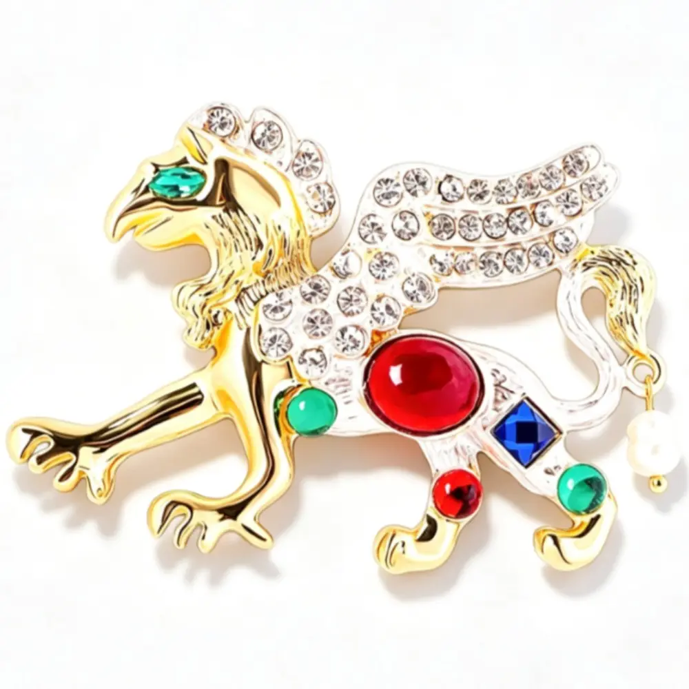 Gold Griffin Brooch Embedded Colorful Gemstone with Dangling White Pearl Mythical Creature Lapel Pin