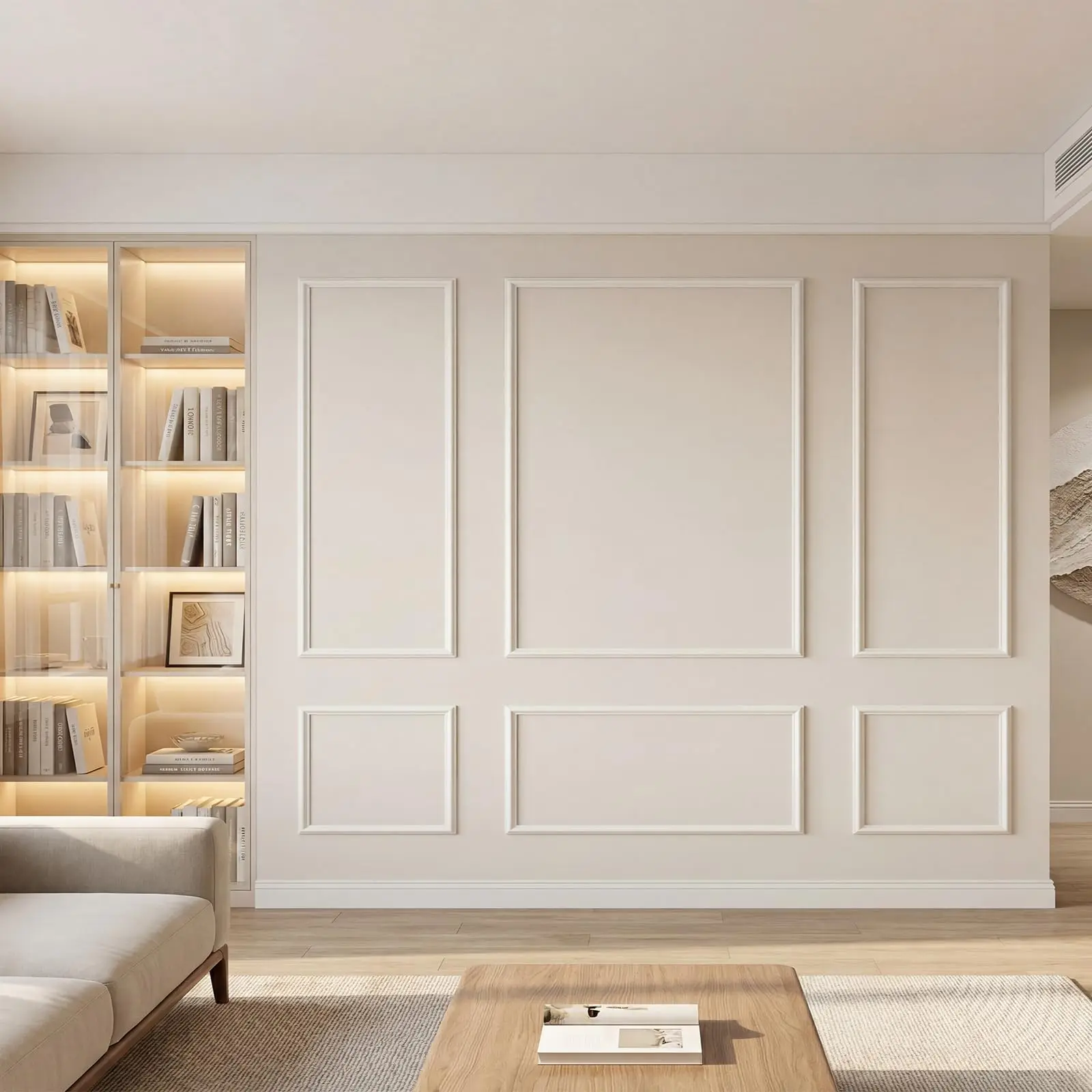 Pre-Cut Bilinear Frame Wall Molding Set with 6 Decorative Wainscoting Accent Panels, Ready-to-Assemble Glue-On Wall Trim for Interior Home Living Room, Bedroom, and Corridor Decoration