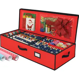 Christmas Wrapping Paper Organizer Storage Box Straps Pockets 40" Heavy-Duty Gift Wrap Storage Holder for Bags Bows Tags Ribbons Holiday Decorations Fits Up to 24 Rolls Underbed Container Red