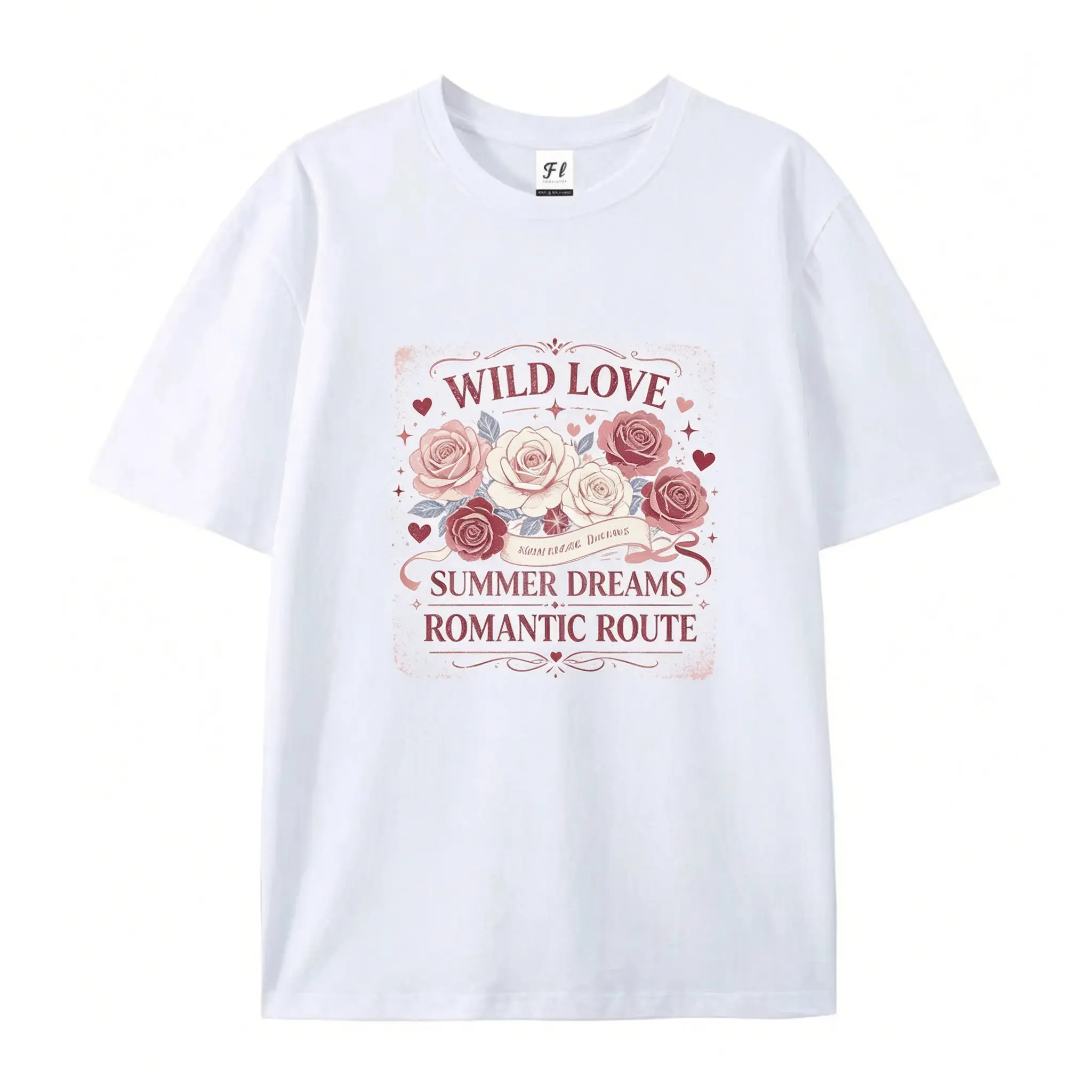 SummerVibes Romantic Rose Tee – "Wild Love Summer Dreams Romantic Route" with Vintage Pink Rose Bouquet & Hearts, Aesthetic Floral Cotton Shirt, Ideal Gift For Girlfriend, Best Summer Date Outfit, Soft Cottagecore Print Top