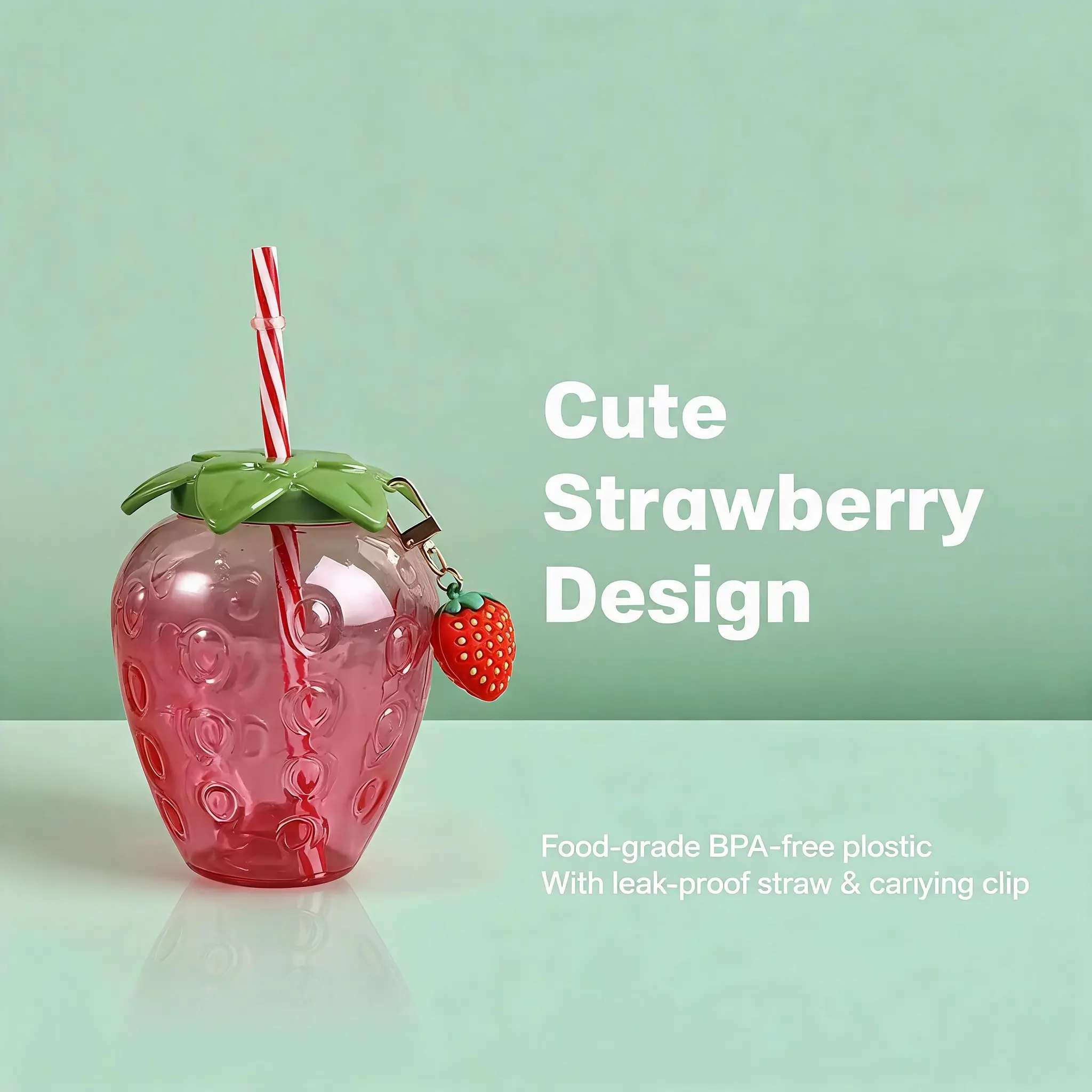 Unisex 0-500ml Reusable Portable Strawberry Cup (with Straw + Pendant) - PET Material, Playful Art, Cute Strawberry Design, Ergonomic Shape, Leak-Proof Flexible Straw, for School, Daily Use