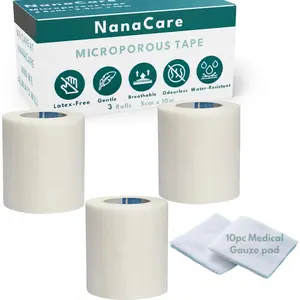 Paper Surgical Tape 2" x 11yd & 10pc Gauze pad, 3 Rolls Microporous Micropore Surgical Tape, Medical First Aid Tape for Skin Dressings and Face, Suitable for Sensitive Skin