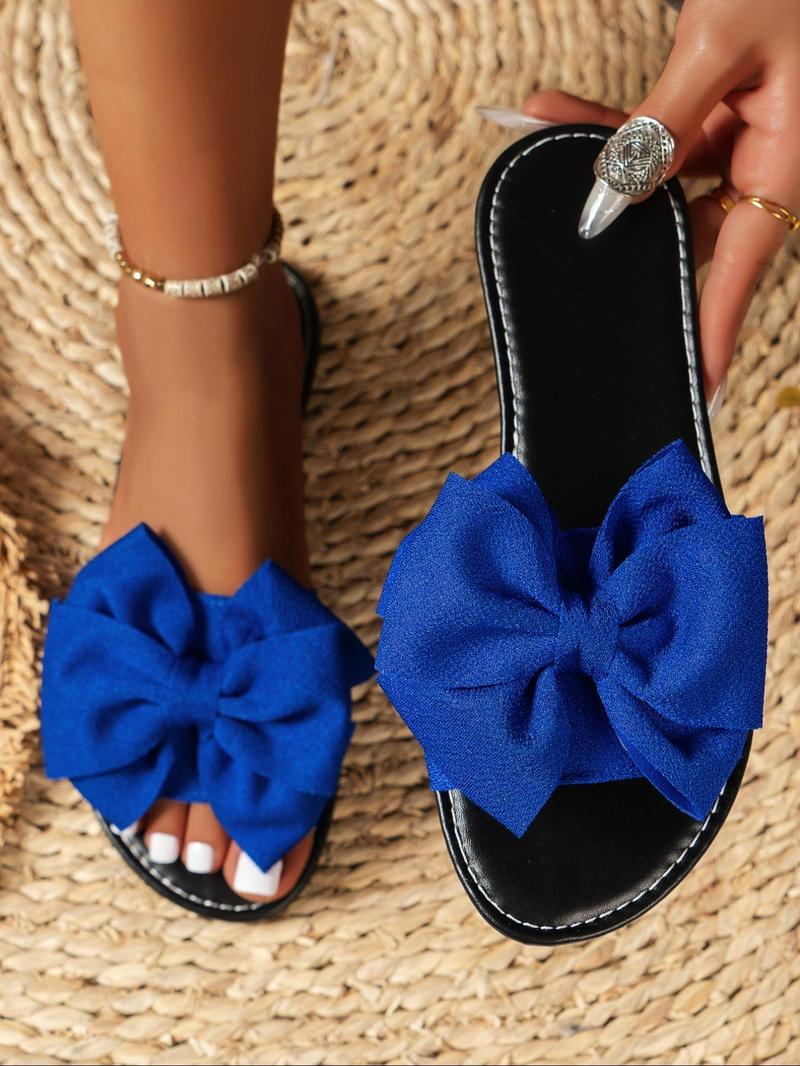 Women's Bow Decorated Slip on Flat Sandals, Boho Style Sandal, Simple Plain Lightweight Non-slip Sandals for Summer, Casual Home Sandals for Outdoor Beach