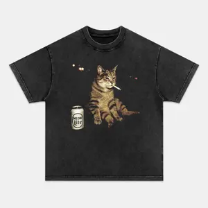 WACKY CAT Printed Design Unisex Vintage Crew Neck Regular Fit Cotton Fabric Casual Comfort Breathable Short Sleeve Funny T-shirts Fashion Men&Women's Top for Daily Wear 072207 SpringStatements Tee Distressed