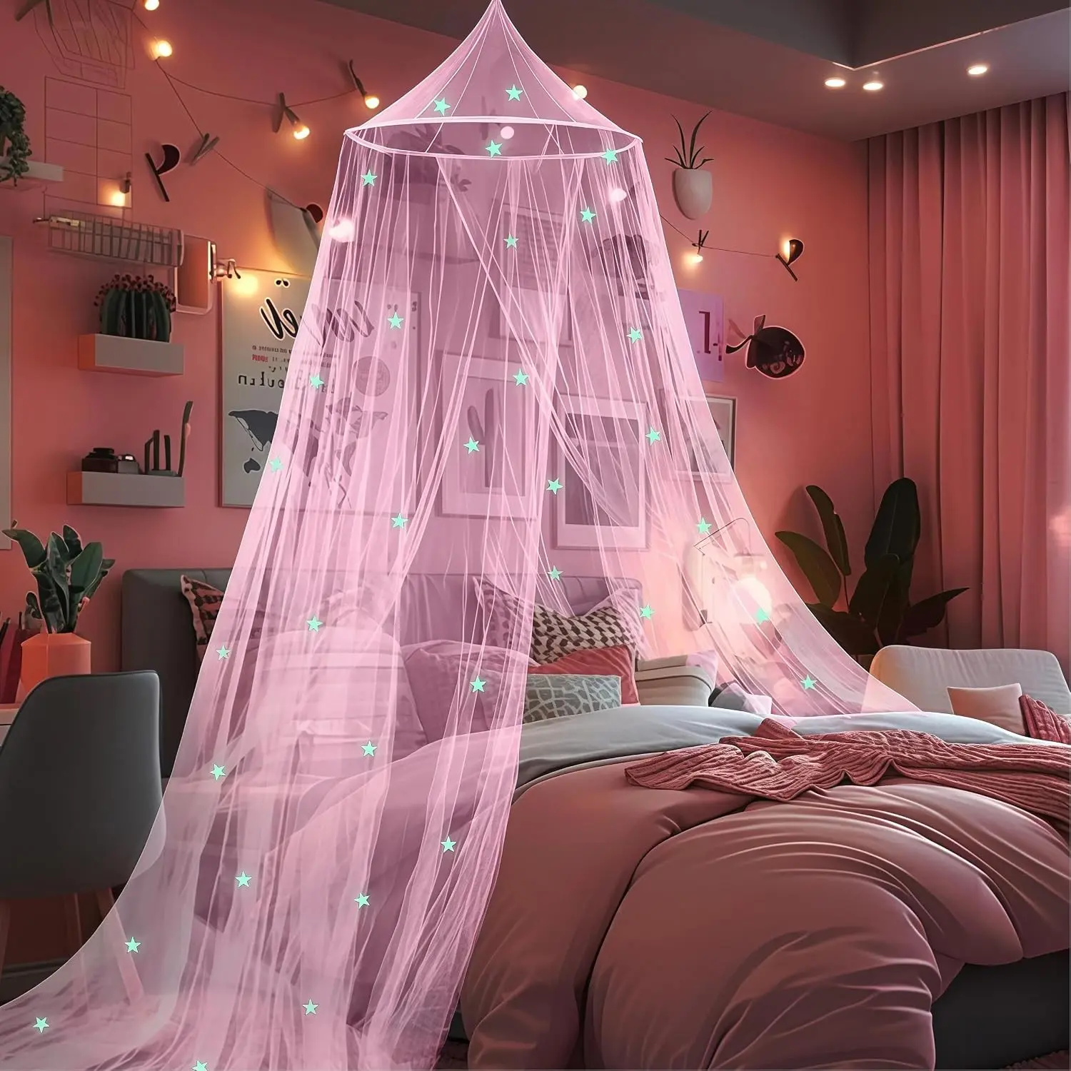 Pink Princess Bed Canopy for Girls with Glow in the Dark Stars Mosquito Net Fits Most Single, Twin, Full and Queen Size Beds, Dome Canopy, Bed Curtains, Bedroom Decor, Adjustable