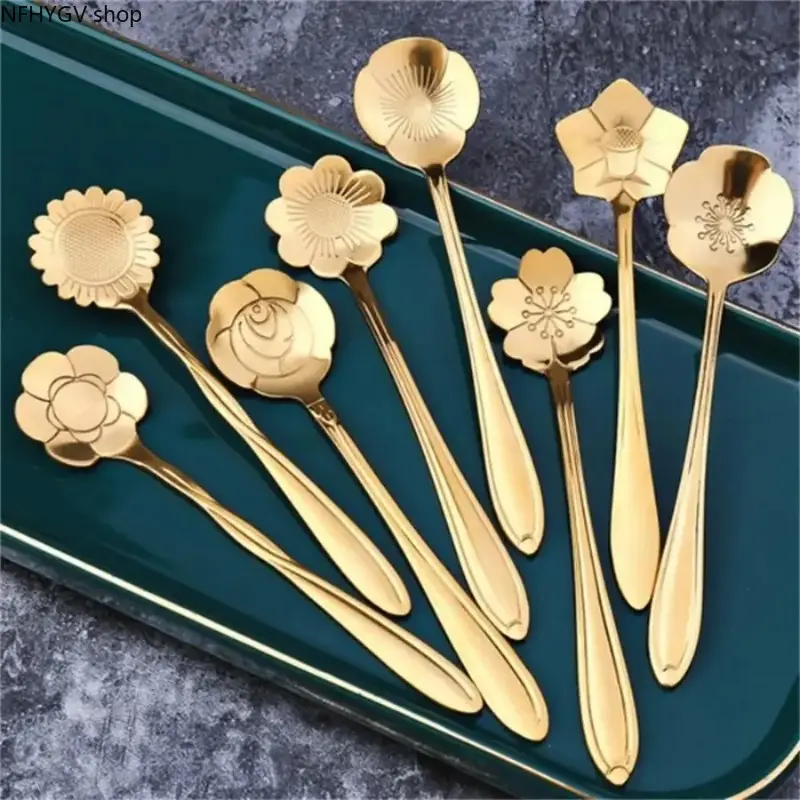 8 Pack Luxury Flower-Shaped Carved Stainless Steel Coffee Spoons, Multi-Purpose Mini Dessert Tea Spoons, Elegant Tableware Accessory for Kitchen Dining Canteen And Summer Holiday Gift-Giving