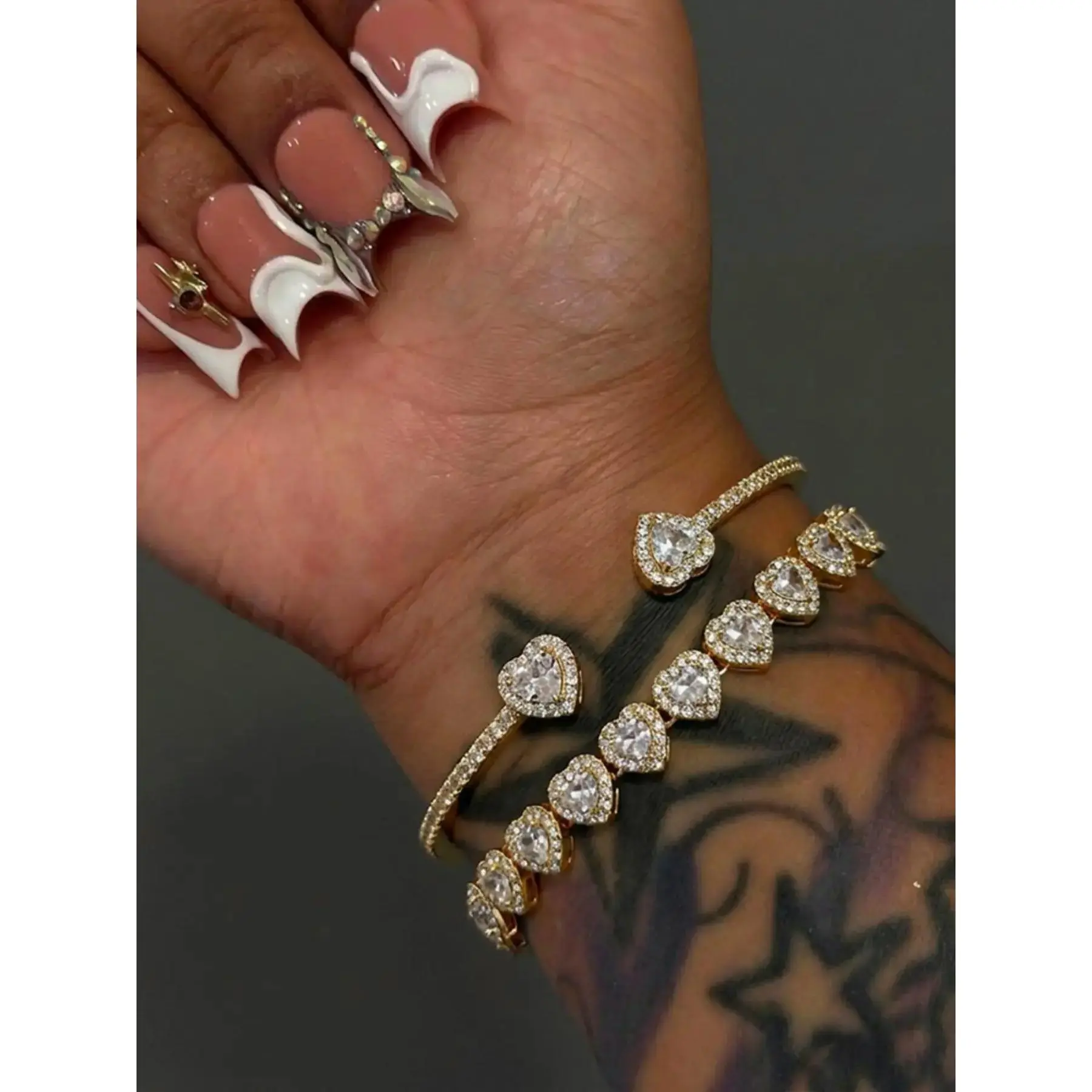 2-Piece Elegant Heart-Shaped Zircon Bracelet Set, Women's Luxury Party Jewelry, Stackable Bangles, Perfect for Daily Wear and Gifts, Copper Bangle