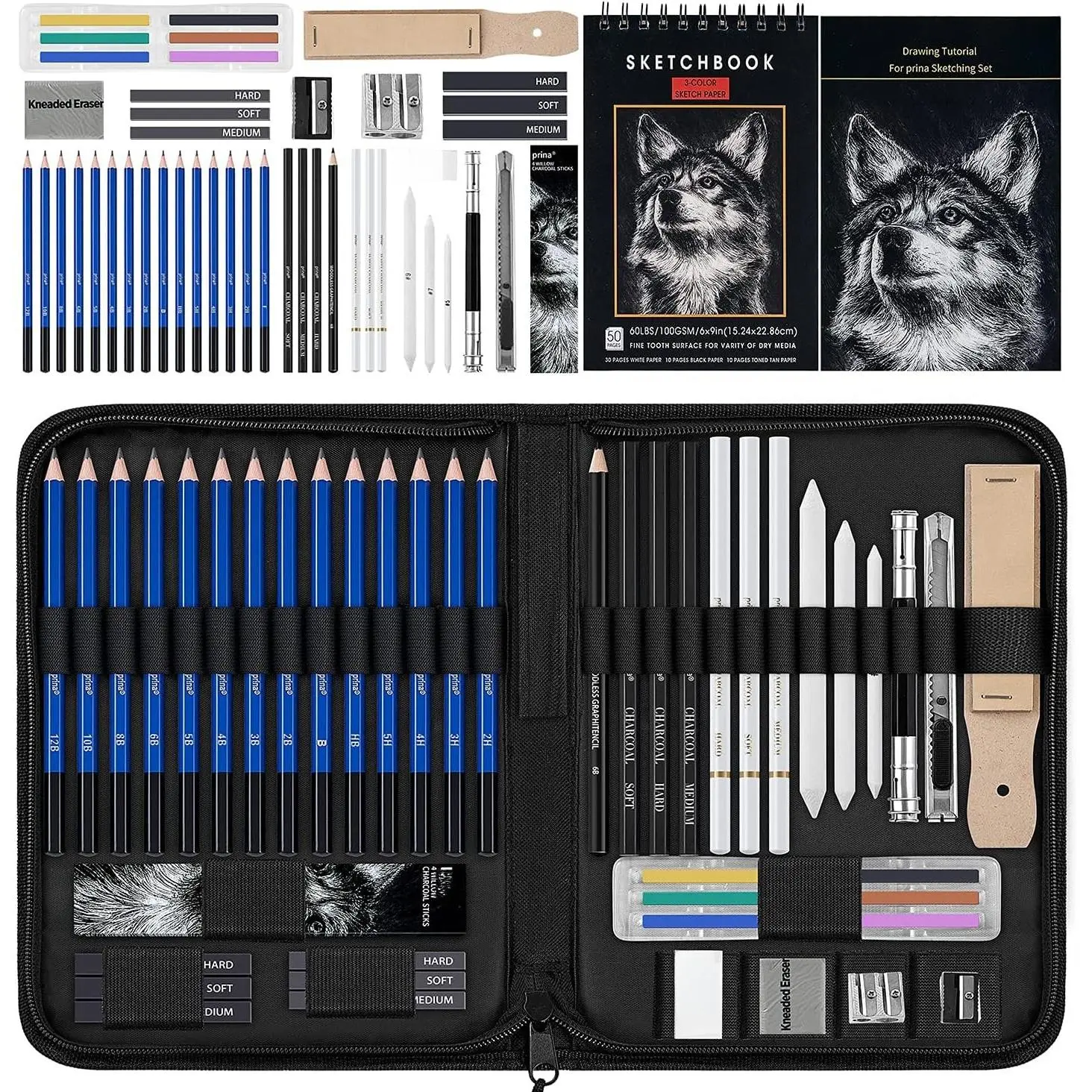 50 Pack Drawing Set Sketch Kit, Sketching Supplies with 3-Color Sketchbook, Graphite, and Charcoal Pencils, Pro Art Drawing Kit for Artists Adults Teens Beginner , Ideal for Shading, Blending