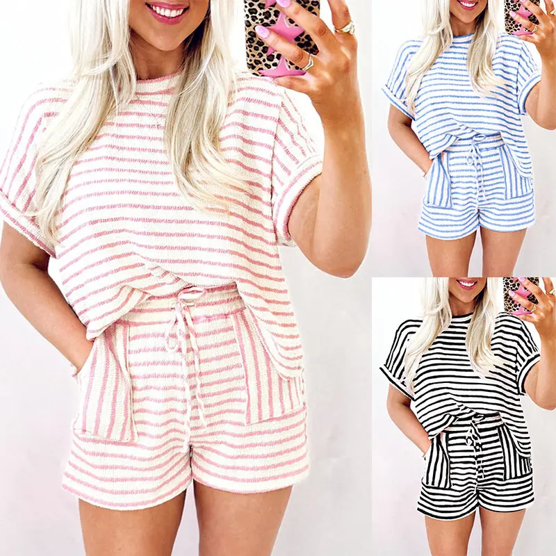 NBGRLVS Women's 2-Piece Shorts Set, Summer Casual Lounge Outfit with Crewneck Shortsleeve Top and Drawstring Waist for Sports & Outdoor, Clothes, Women's Clothes, Lounge Matching Set, Drawstring Shorts, Matching Activewear Set