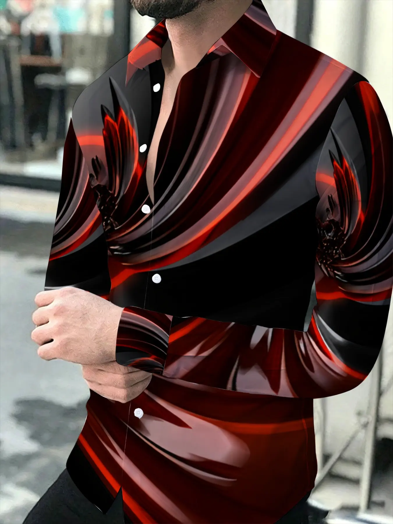 Men's Long Sleeve Shirt Trendy Personality Abstract Flame Print Design Fashion Casual Slim Fit Stylish Handsome Spring Autumn New Top, Suitable for leisure and sports scenarios