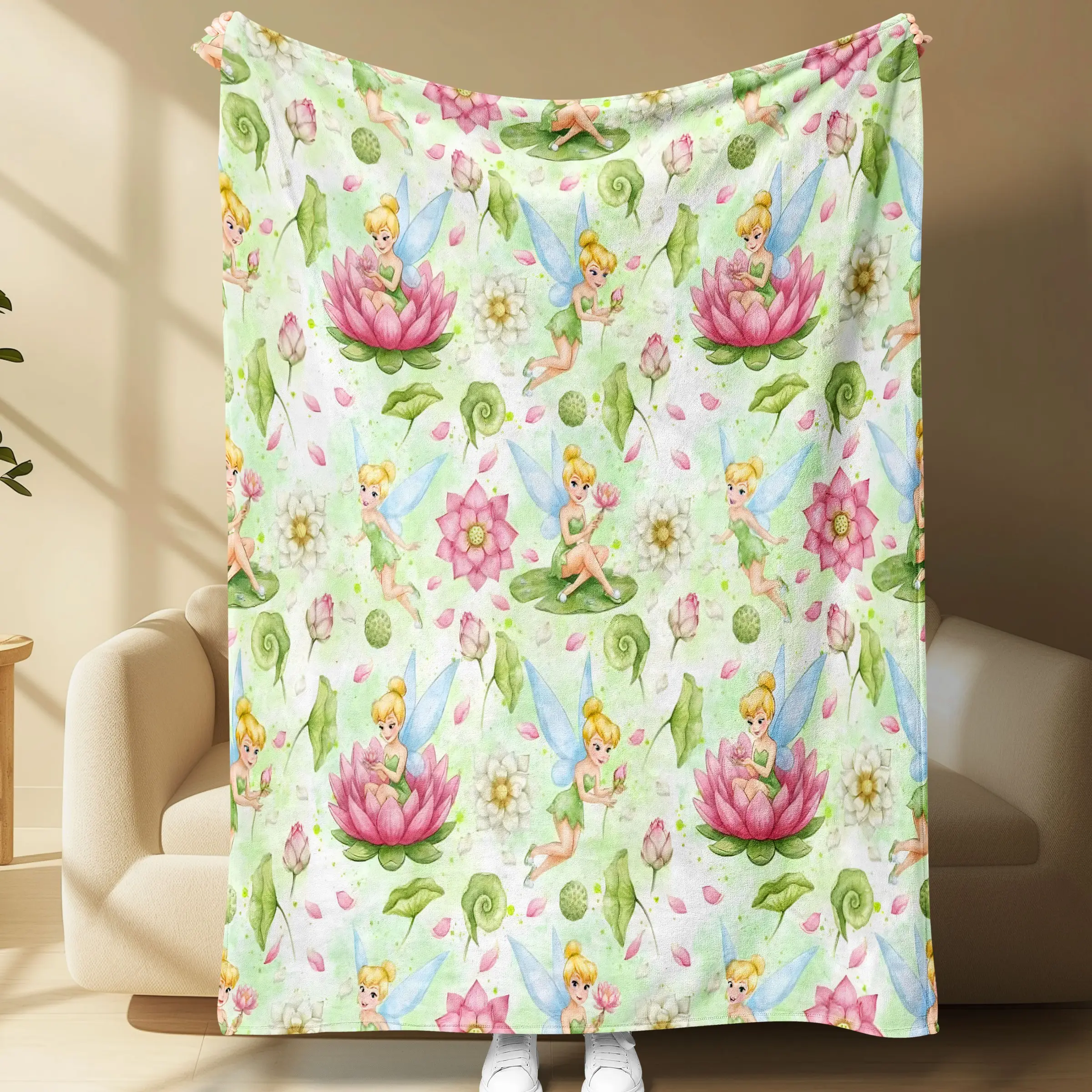 Tinker Bell Fairy Flannel Throw Blanket, Lotus Flower Watercolor Pattern, Soft Cozy Warm Fleece Blanket, Home Decor Halloween Gift
