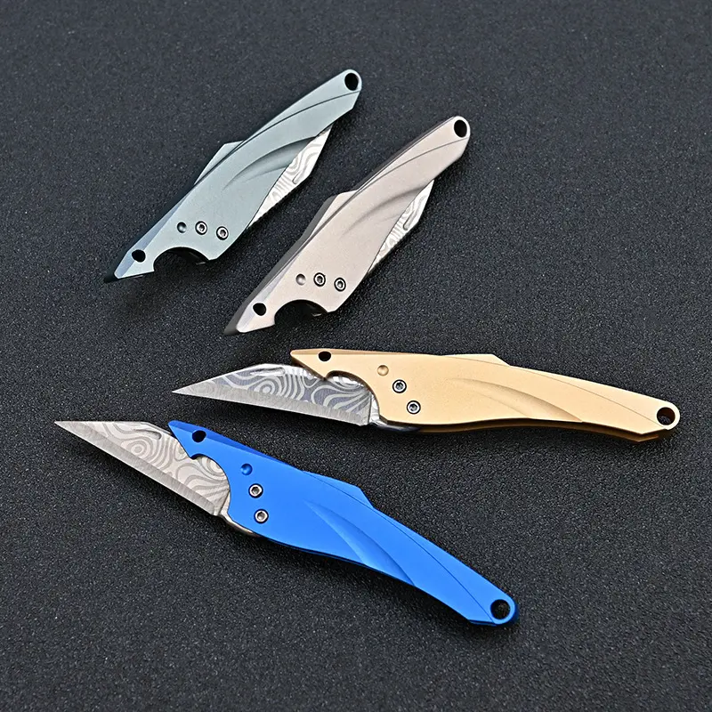Bluefin Mini EDC Keychain Pocket Knife – Ultralight Folding Knife with Damascus Pattern Blade, Bottle Opener, Tiny Everyday Carry Tool for Package Opening & Outdoor