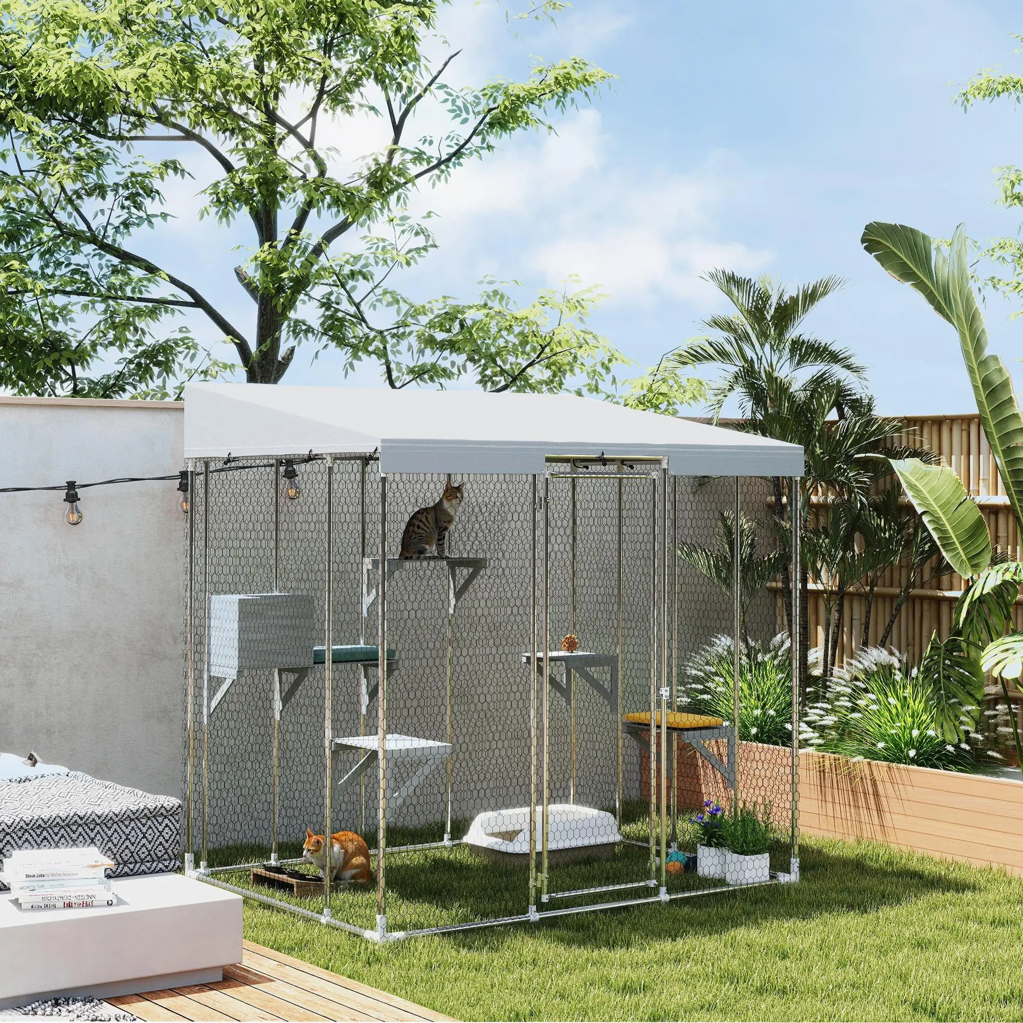 PawHut 79" Large Outdoor Catio for Cats, Galvanized Steel Cat Enclosure with Waterproof Canopy, Cozy Sleeping Box and Multi-Level Jumping Platforms, Weather-Resistant Cat Cage for 1-3 Kittens, Indoor Outdoor Pet Playpen, Silver