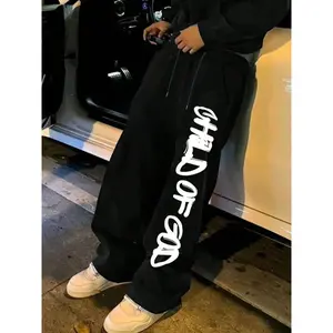 Men's Oversized Pants, "Child Of God" Graffiti Print Drawstring Trousers, Streetwear Hip Hop Casual Pants