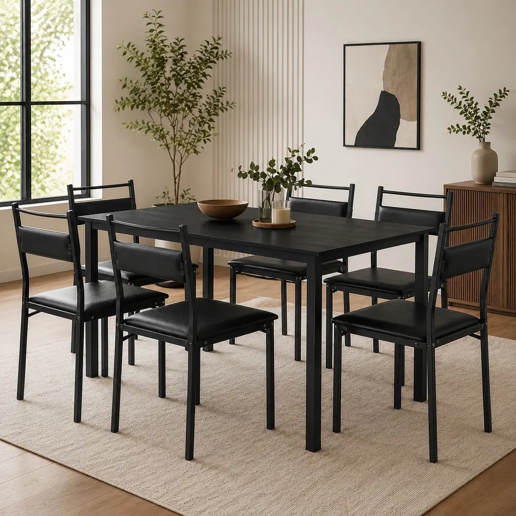 ARCH 7-Piece Space-Saving Dining Set – Melamine Table with 6 PU Cushioned Chairs, Black Powder-Coated Iron Frame, 300 lbs Capacity, Seats Six, Modern Kitchen/Dining Room Furniture for Apartments