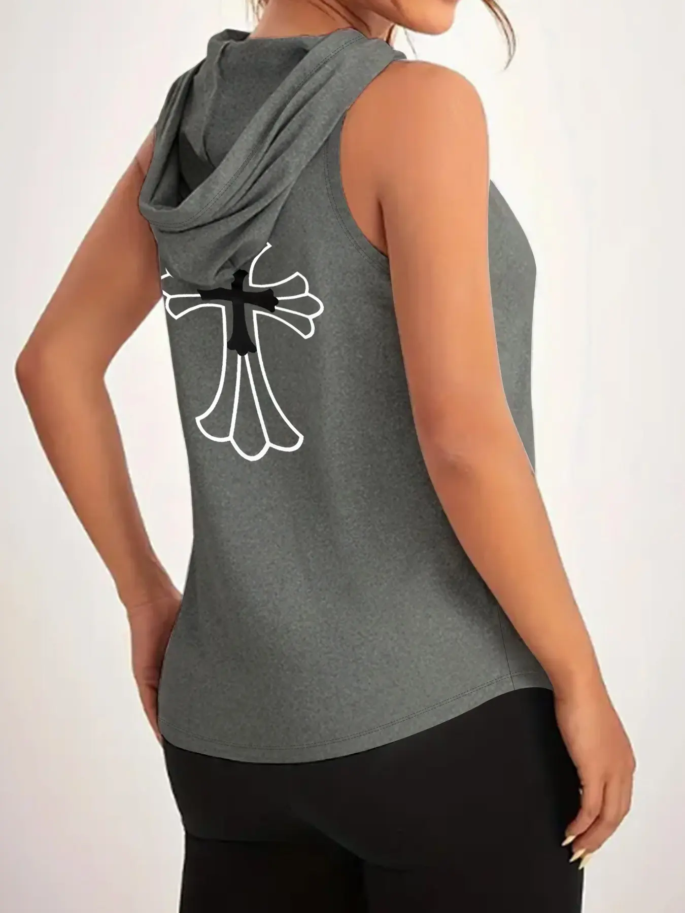 Letter Print Hooded Sleeveless Top, Casual Sporty Arc Hem Vest, Cross Print Fitness T-Shirt, Comfortable and Stylish Activewear