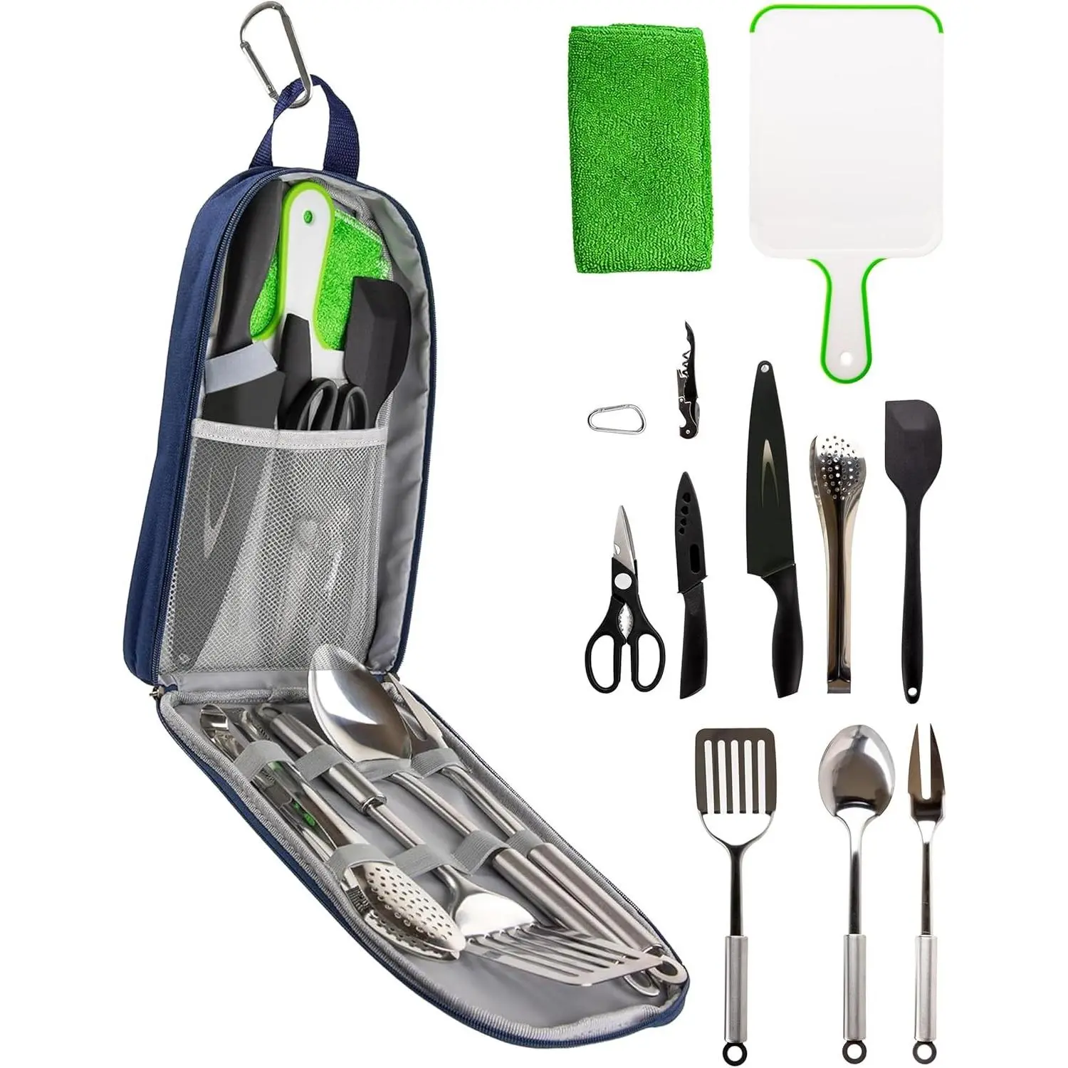 12 Pcs Camp Cooking Utensil Set & Outdoor Kitchen Gear Cookware Kit, Portable Compact Carry Case for Camping, Hiking, Travel, BBQ Grilling Stainless Steel Accessories Spoon & Fork, Navy