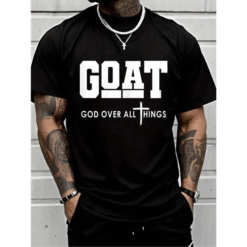 Goat God Over All Things Funny Jesus Christian Printed T-Shirt, Short-Sleeved Crew Neck Casual Top, Suitable For All Seasons, Men's