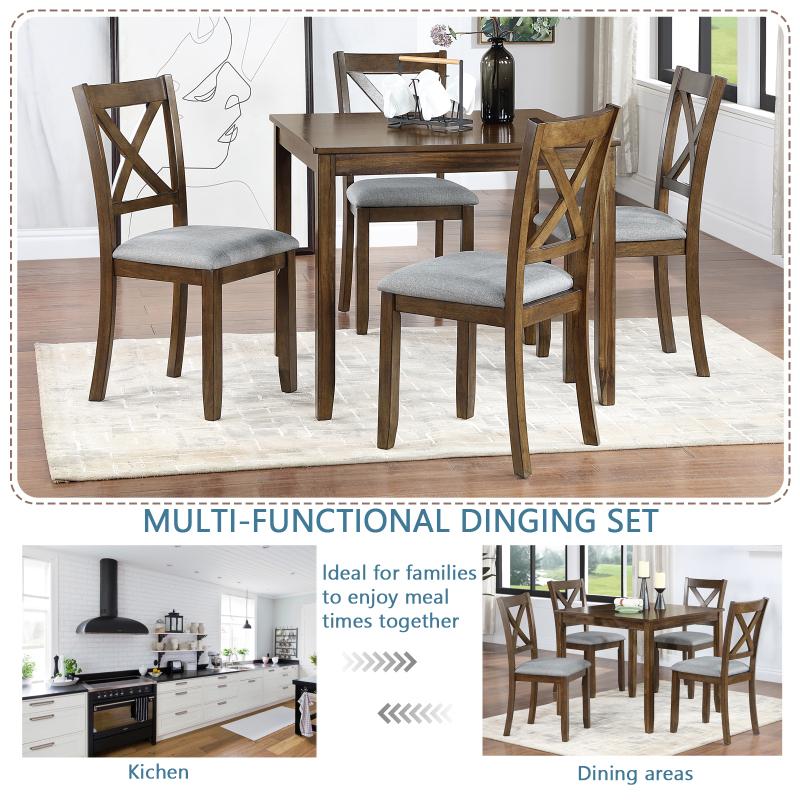 5 Piece Modern Dining Set, Square Wooden Dining Table with 4 Upholstered Chairs for Kitchen, Dining Room, Walnut