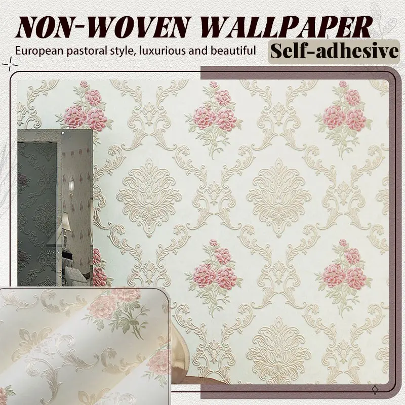 One roll of self-adhesive, thickened, pastoral-style non-woven wallpaper. Easy to install, simply tear and stick; can be cut to size. High-quality embossed texture. Ideal for decorating and renovating bedroom, living room, or TV background walls.
