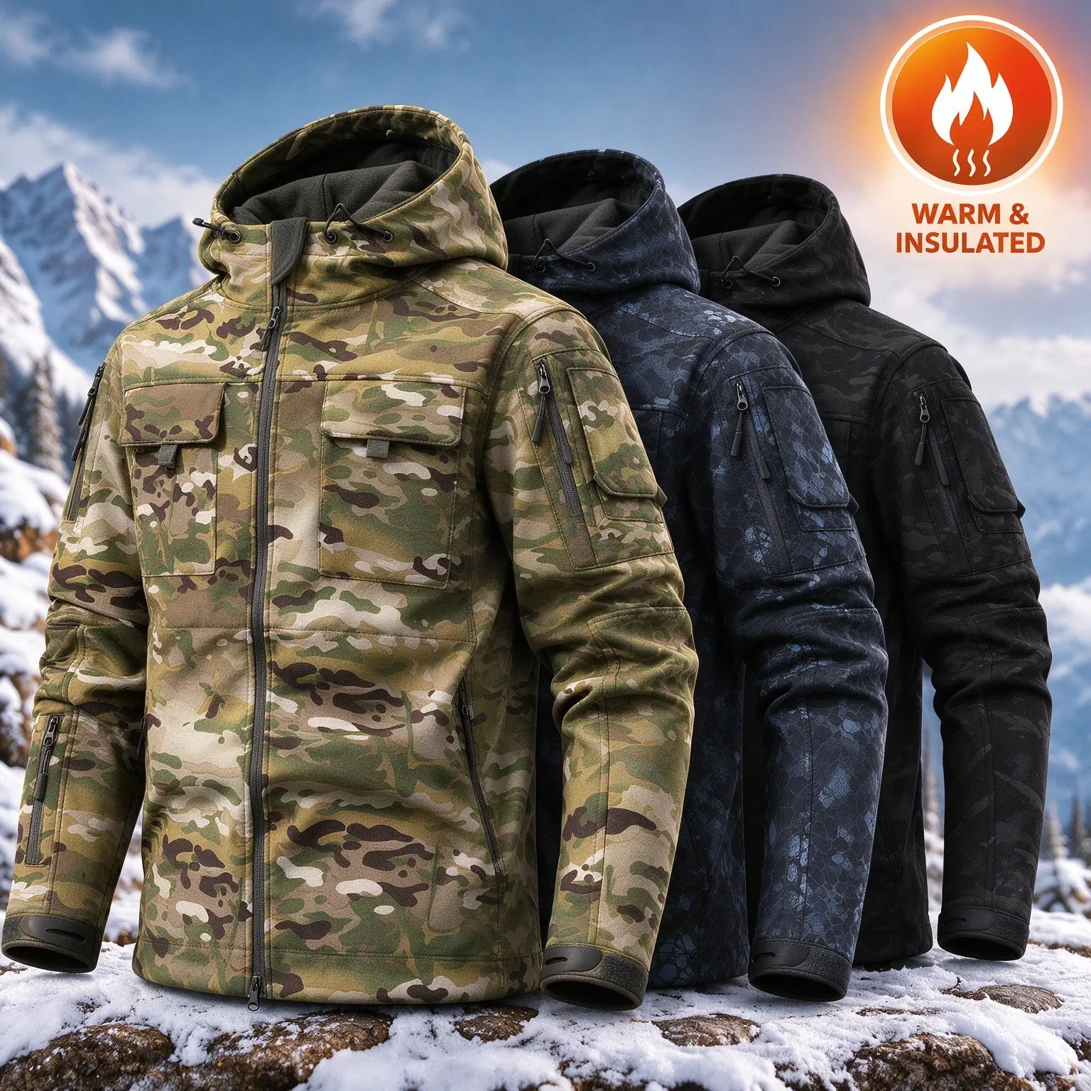 Men's Winter Warm Camouflage Work Jacket, Hooded Fleece Lined Tactical Cargo Coat, Soft Plush Outerwear for Work Outdoor Hiking Wear