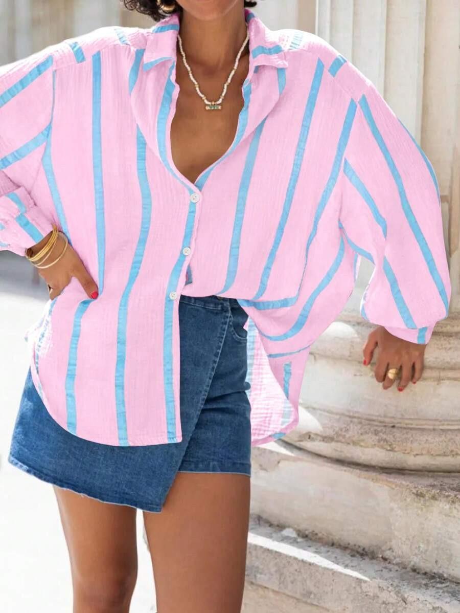 2026 European and American autumn and winter new long-sleeved button-up cardigan women's striped shirt women's vintage striped