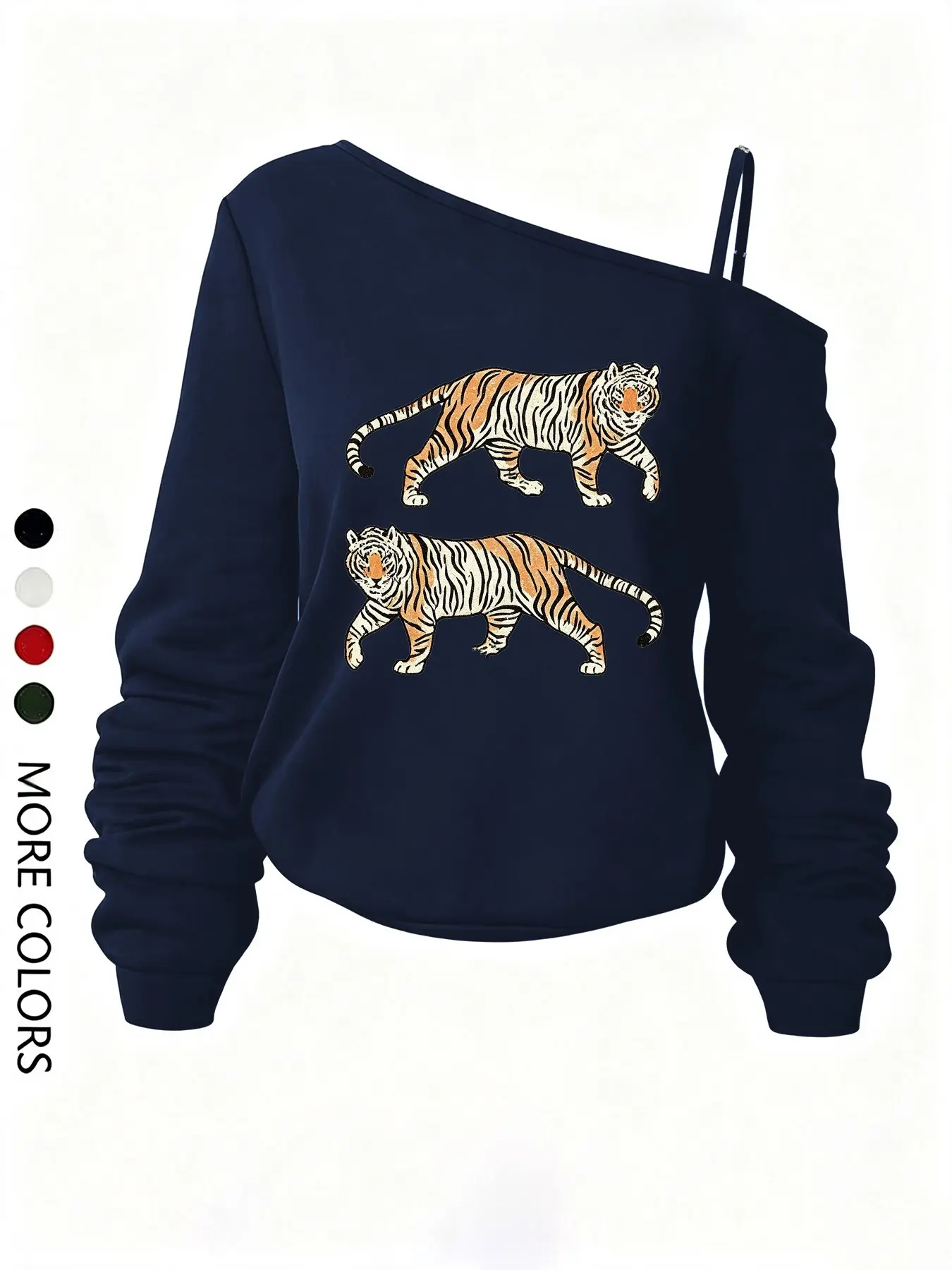 Women's Asymmetrical Strap Long Sleeve Sweatshirt, Tiger Print, Retro Style, Soft Warm Fabric, Casual Daily Wear, Spring & Fall
