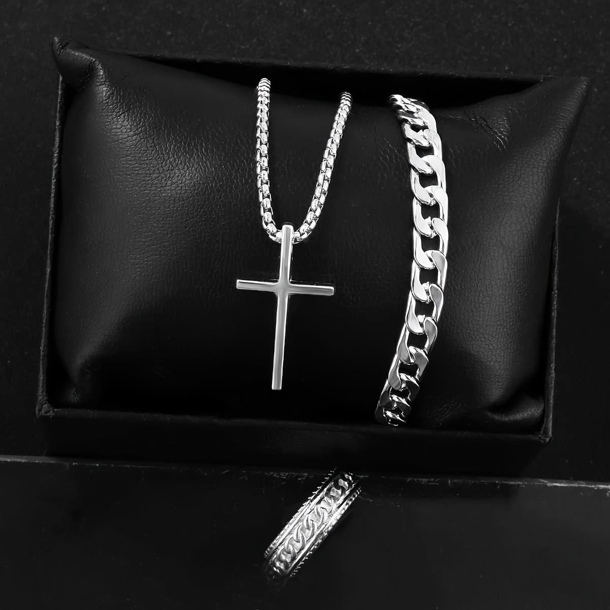 Men's Stainless Steel Cross Pendant Necklace Bracelet & Ring Set Elegant Fashionable Jewelry Gift for Holidays Durable Cohesive Ensemble