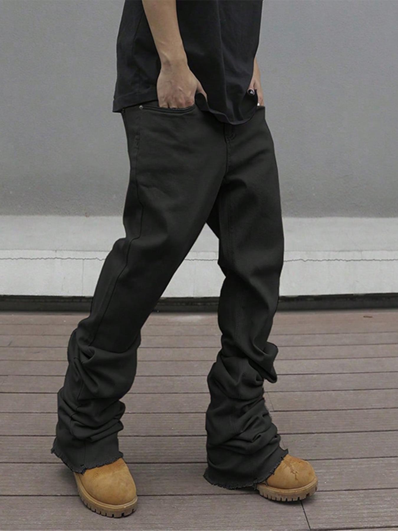 Men's Plain Solid Color Button-Fly Flared Jeans Pants - Slim-Fit & Casual Streetwear Style, Comfortable with Pockets, Featuring Frayed Cuff Design. Suitable for Daily Wear; Also a Versatile All-Season Bottom for Men (Extended Fit)