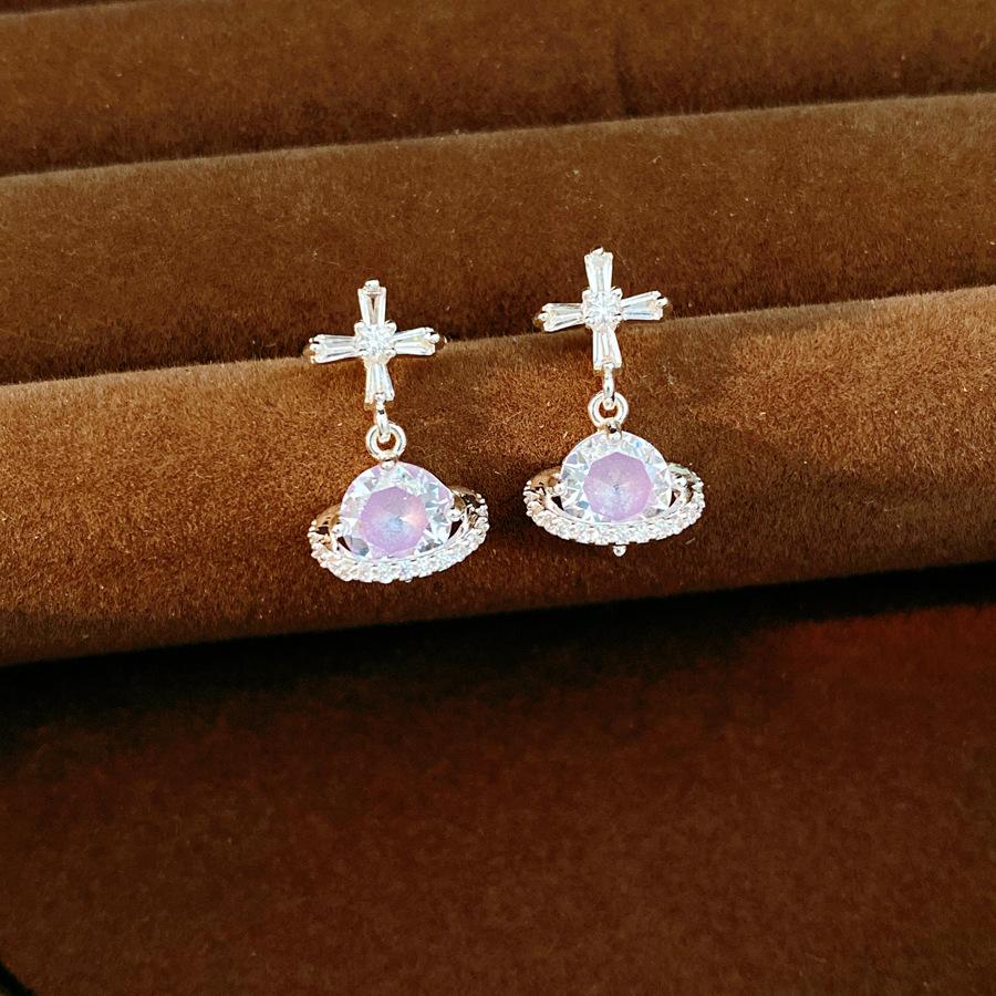 925 Silver Needle Cross Saturn Earrings | Minimalist Cool Style Zircon Planet Earrings Luxury Jewelry