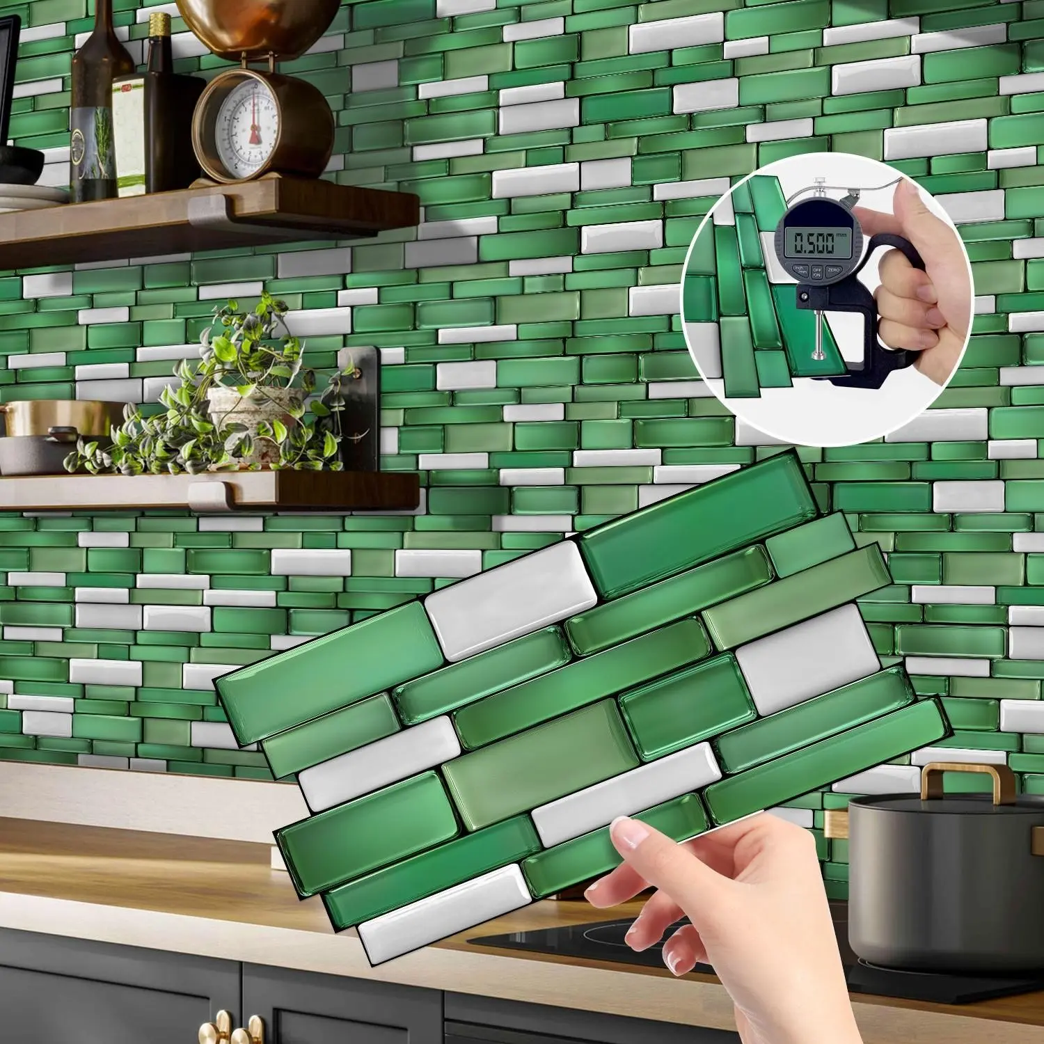 12/24/48 Pcs Classic Green Self-Adhesive Tile Stickers,4.72"×9.68" Striped Marble Vinyl Wall Decals, Waterproof Splash Proof Seamless Splicing DIY Decor for Bathroom Kitchen