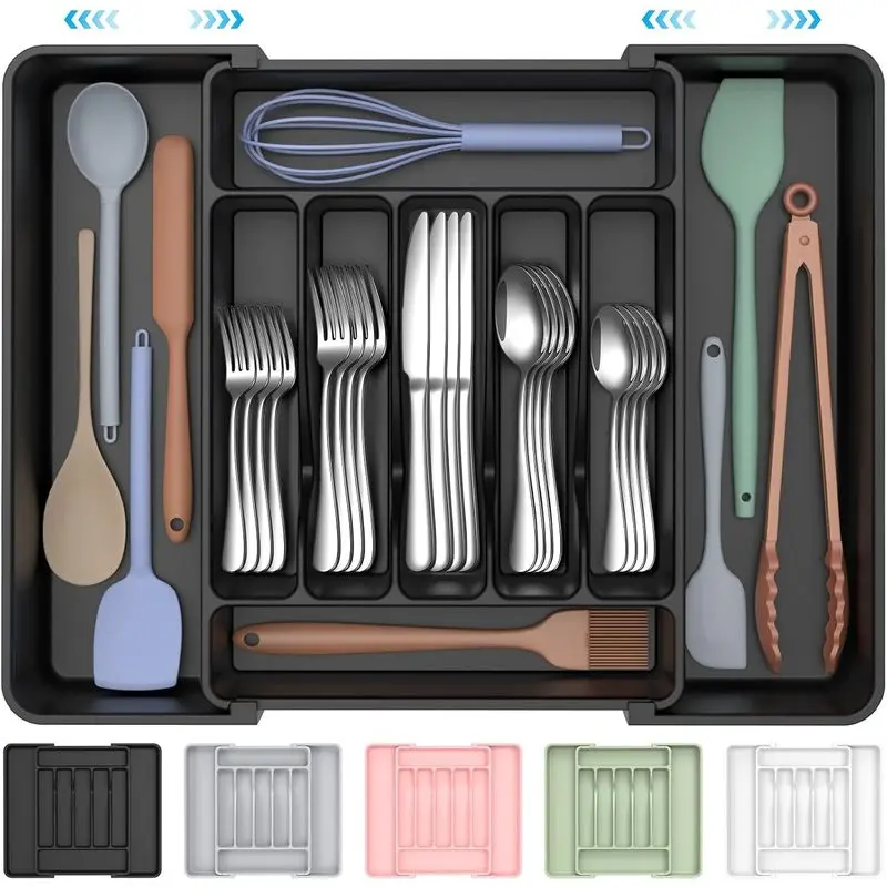 Extra-Large Expandable Silverware Organizer, BPA-Free Adjustable Cutlery Tray for Spoons, Forks, Knives and Kitchen Utensils