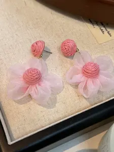 Mesh Flower Earrings, Spring Summer Sweet Raffia-Center Studs, Colorblock Mesh Petal Drops, Elegant Fairycore Vibe Jewelry