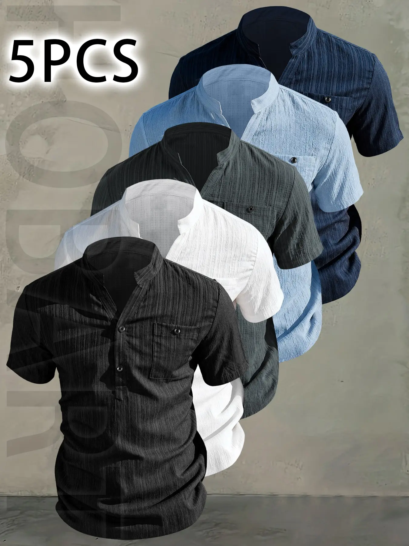 5Pcs Men's Summer V-Neck Short Sleeve Shirt - Lightweight Breathable Solid Color Button-Up Casual Shirt with Stand Collar, with pockets ,Machine Washable for Beach Vacation, Pool Party & Casual Attire, Beach Shirt, Suitable for casual wear