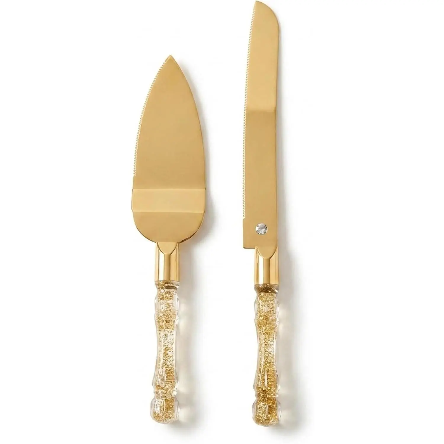 Wedding Cake Knife and Server Set, Cake Cutter and Pie Spatula, Cake Server and Knife Set of 2 with Plastic Handles, Titanium Gold Plated Blades, Cutting Set for Birthdays, and Parties (Glitter Gold)