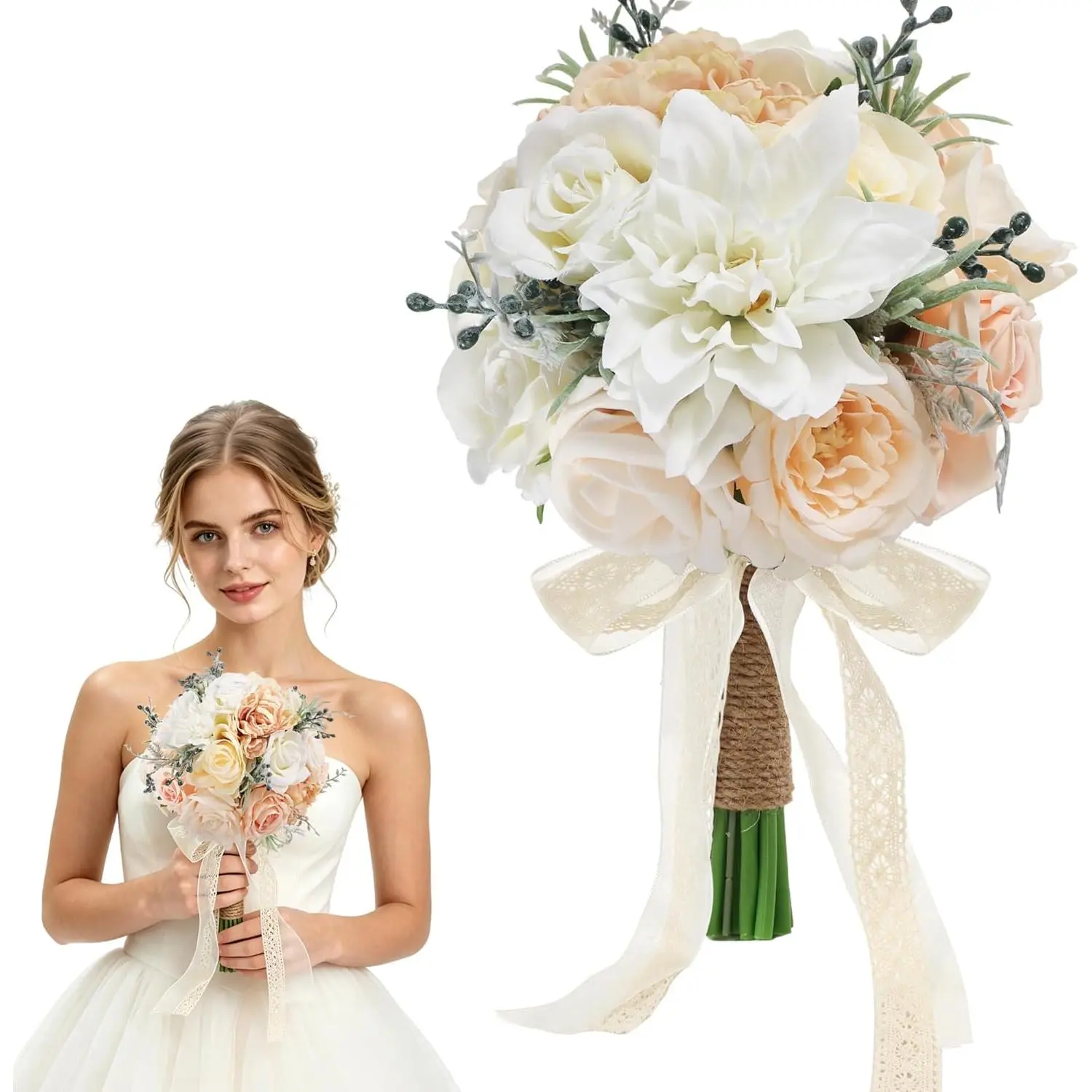 Wedding Bouquet for Bride - 8 Inch Realistic Artificial Silk Flowers Rose & Peony, Handmade Rustic Bridesmaid Bouquet with Lace & Jute Wrap for Ceremony, Anniversary, Home Decor (White Champagne)