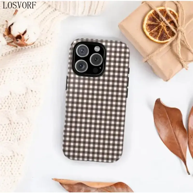 Gingham Plaid Cellphone Case - Custom Polycarbonate Protection Accessory for iPhone 12/13/14/15/16 (Plus, Pro Max)/17 Pro Max, Cute Espresso Brown Fall Design, Handheld Wireless Cover, Gift for Her, Accessories