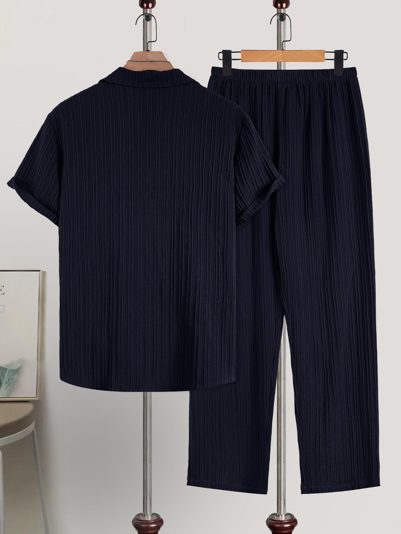 Men's Plain Textured Loungewear Set, National Day Offers, Casual Button Front Shirt & Elastic Waist Pants without Tee & Necklace, Men's Sleepwear for All Seasons