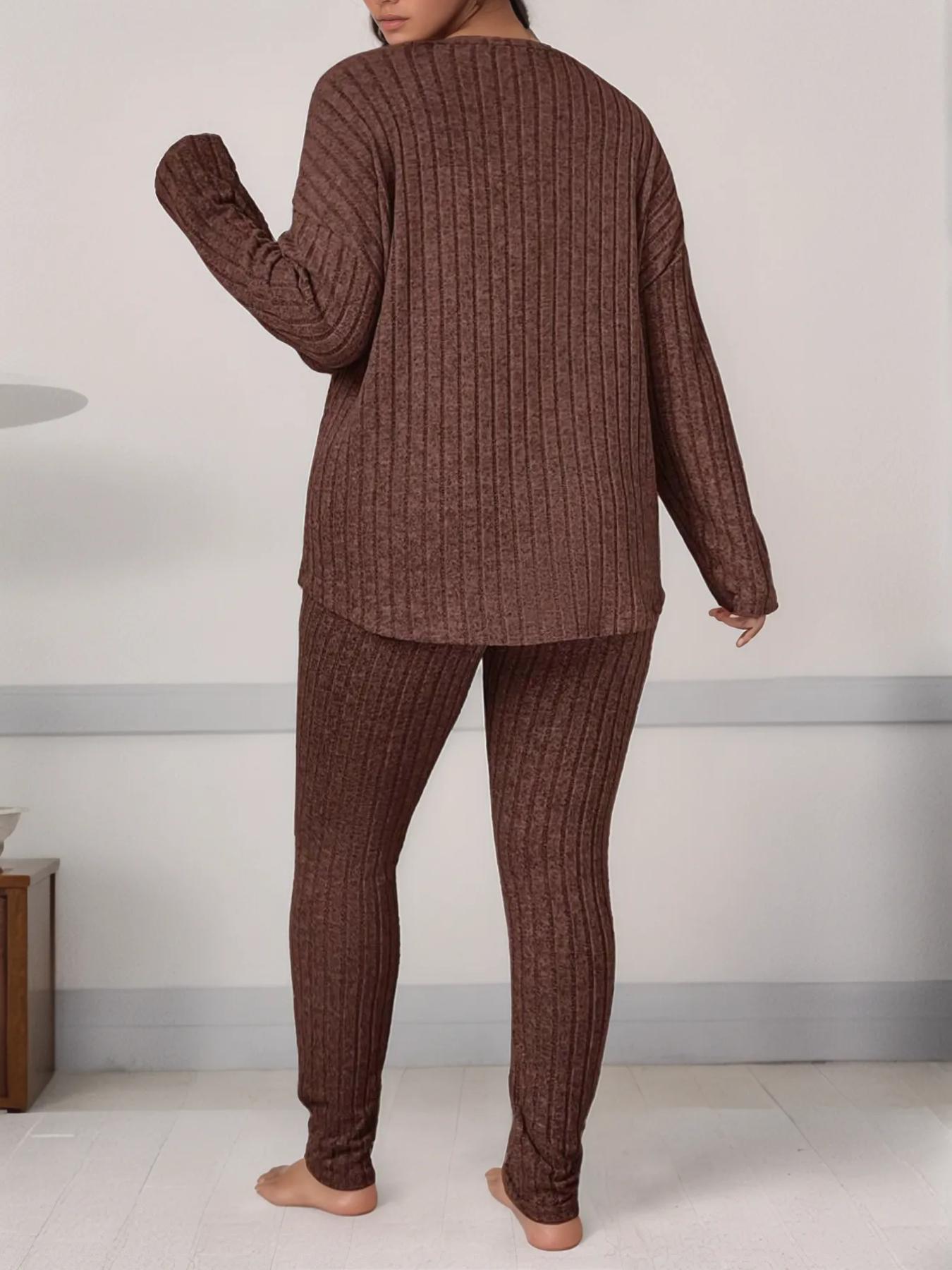 【Plus Size】 Two-Piece Set Solid Drop Shoulder Top & Skinny Pants Ribbed Pajama Set, Casual Comfy Round Neck Long Sleeve Top & Trousers Set, Women's Sleepwear for Fall & Winter