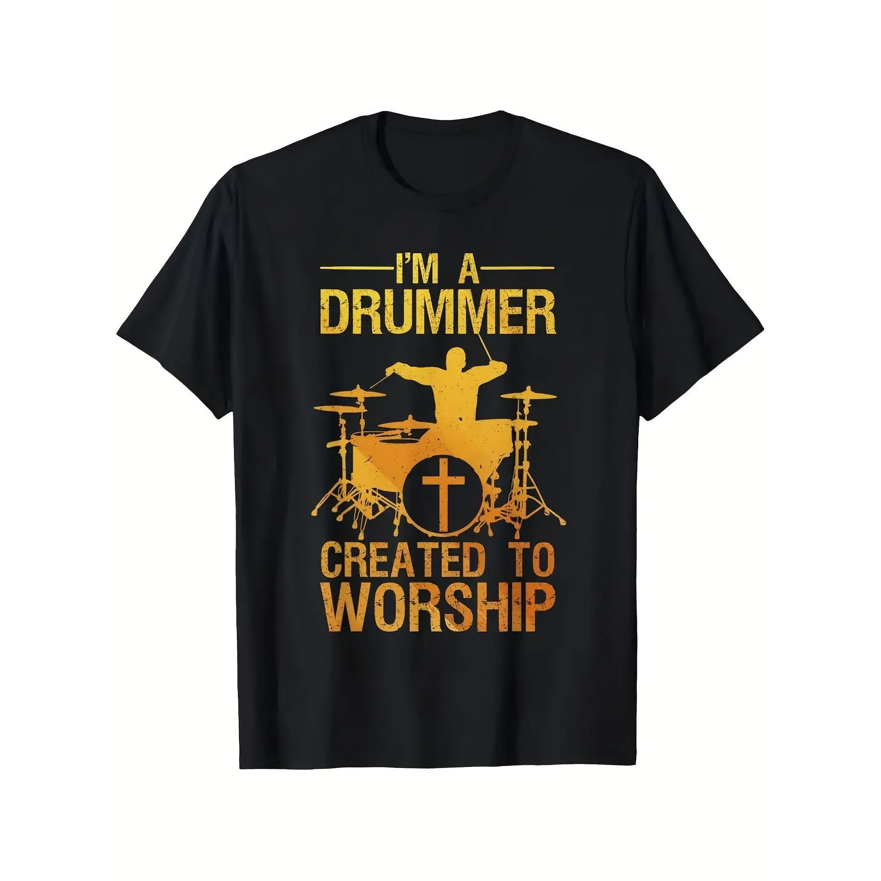 Men'S Funny Christian Drummer Worship Band Tee - I'M a Drummer Created to Worship Saying - Heavy Machinery Graphic - Relaxed Fit Black Shirt - 100% for Church, Concerts & Casual Wear - A, Crew Neck, Drop Shoulder