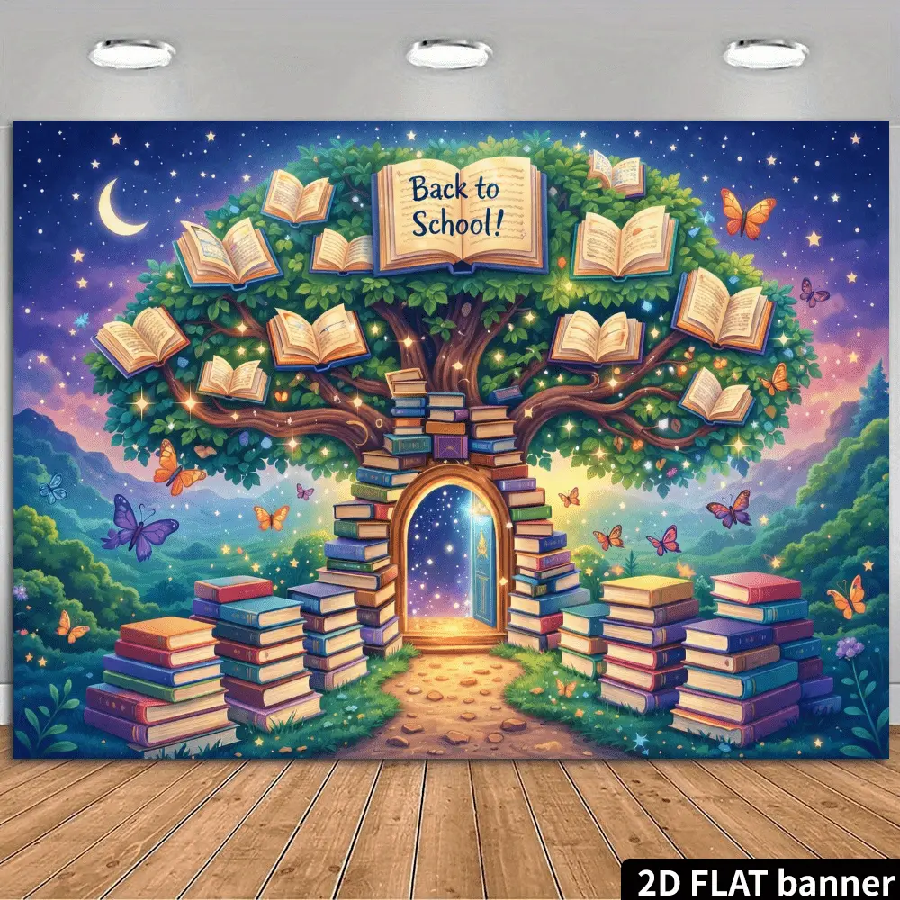 Magic Starry Book Tree Door Backdrop with Floating Books Design for Library, School and Back-to-School Decor