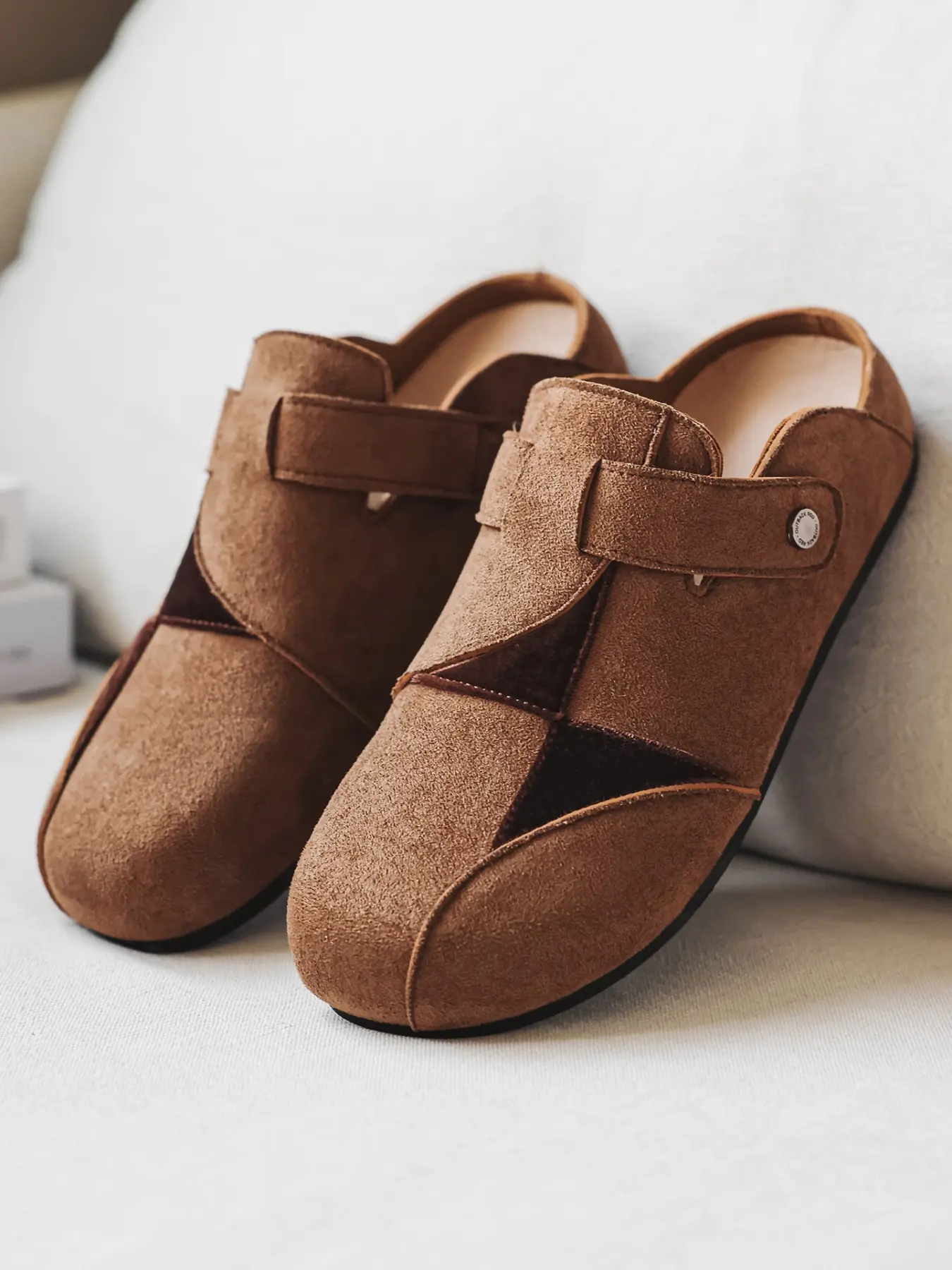 Large Size Men Patchwork Suede Mule Clogs, Adjustable Buckle Closed Toe Backless Slides, Comfort Non Slip Flat Casual Slip On Shoes For Indoor Outdoor Daily Wear
