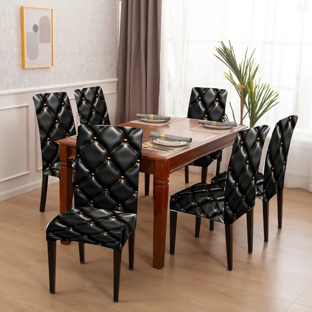 4/6pcs Elastic Dining Chair Covers Modern Black Quilted Pattern Dining Room Set Covers
