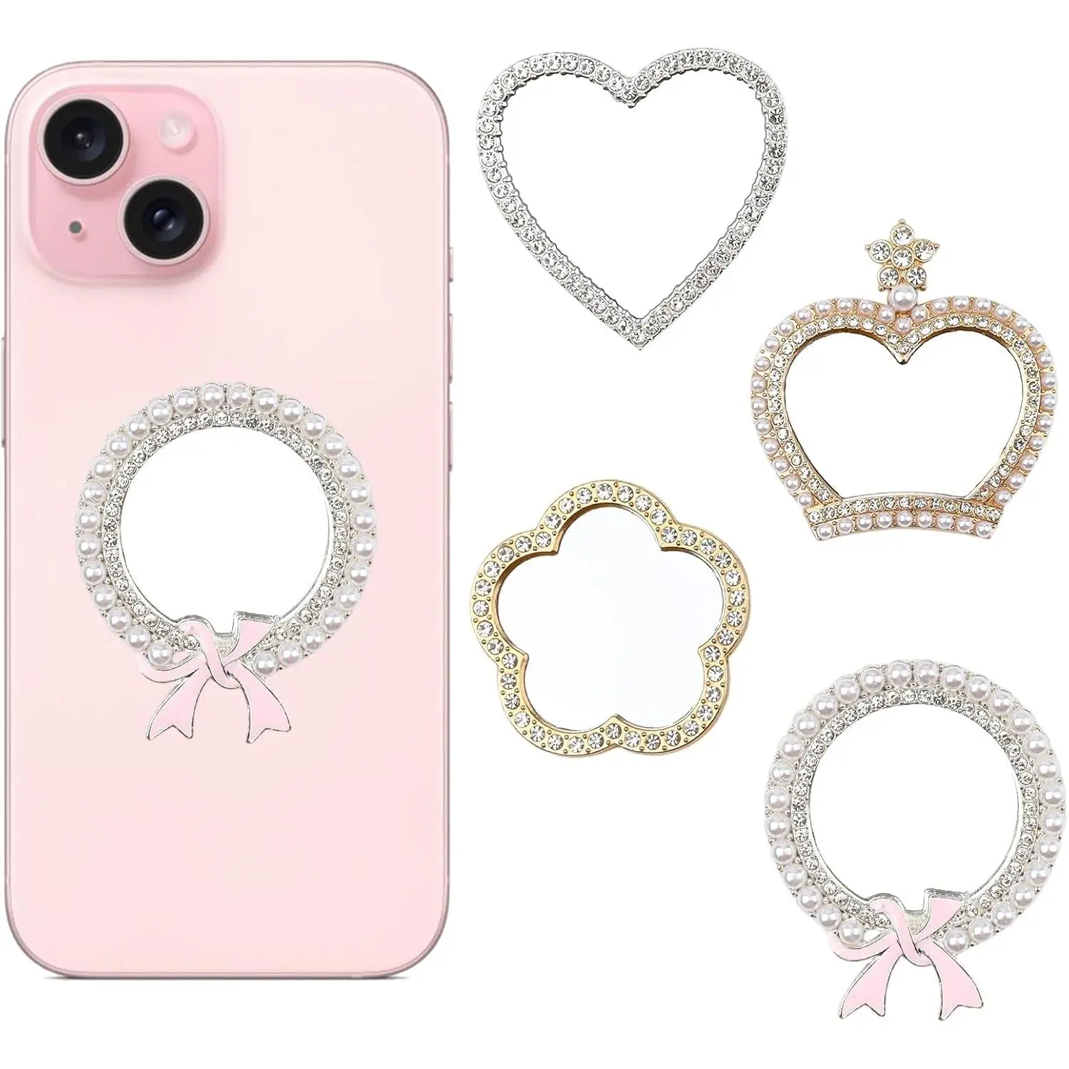 4 count Heart Shape Phone Mirror - 2.2" Stick- Bling Cellphone Mirror, Zinc Alloy Frame Adhesive Makeup Mirrors, Decal Cellphone Stick- Mirrors for Phone Case