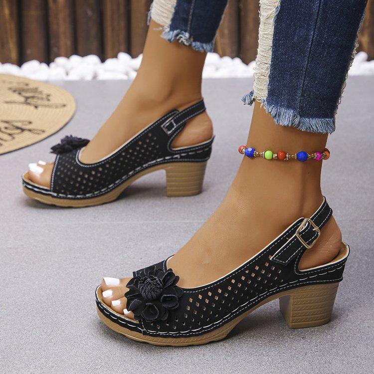 Spring Summer High Heeled Sandals for Women One Strap Hollow Floral Sandals Peep Toe Chunky Heel Sandals