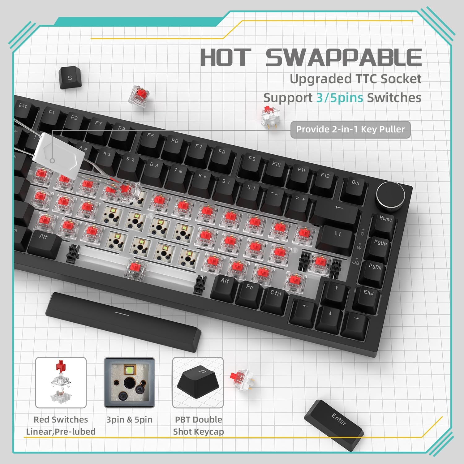 AJAZZ AK820 Wired Mechanical Keyboard, Hot Swappable Keyboard, Side Engraved Keycap Keyboard, Full Key Hot Swap Gasket Structure Keyboard, Gasket Mount Keyboard, Gaming Keyboard for Gaming, Computer Game Hardware, PC Gaming Keyboards