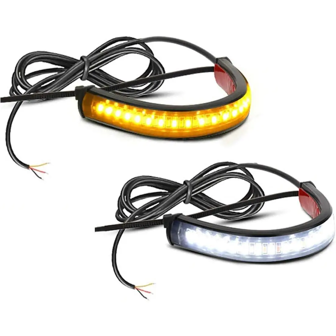 2PC Motorcycle LED Fork Turn Signals Kit - Flexible Switchback Dual-Color White & Amber, DRL Daytime Running Light, Waterproof, Adjustable Strips, Universal Fit for 39mm-70mm Motorbikes